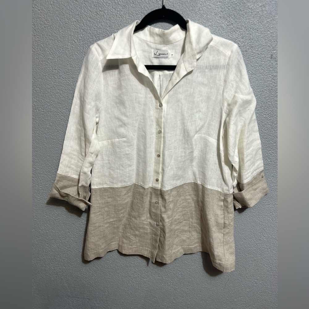 iLinen two tone colorblock linen roll tab sleeves shirt size large
